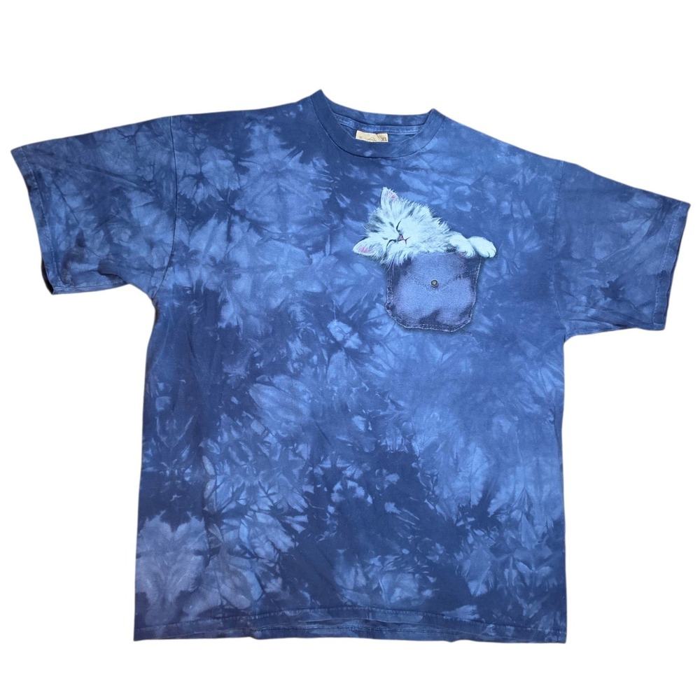 The Mountain Women XL T-Shirt Blue Tie Dye Sleeping Cat Graphic Vintage Unisex